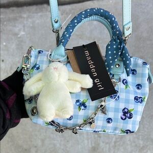 Madden Girl Light Blue Gingham Kids Shoulder Bag with Bunny Charm